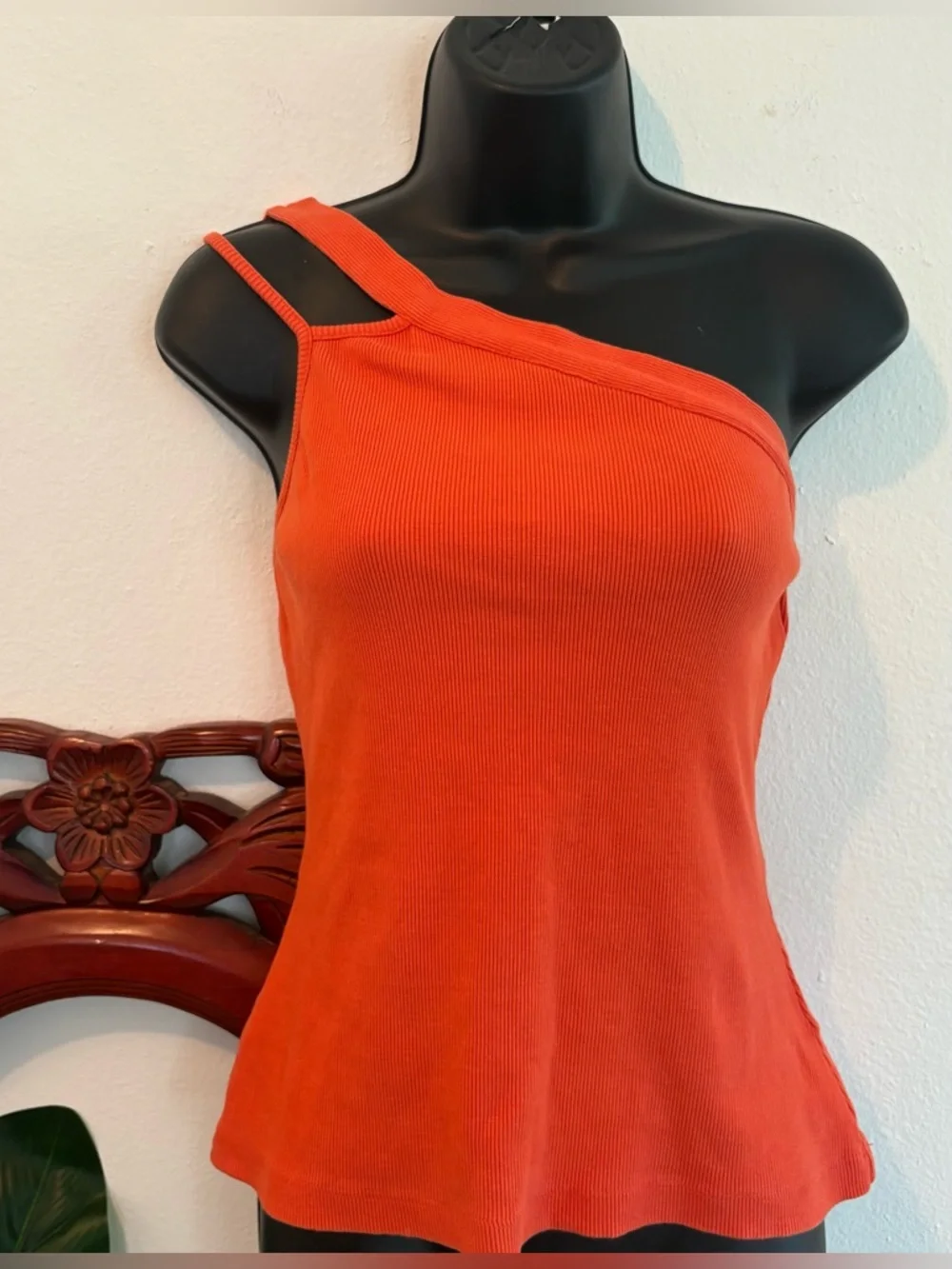 Maeve by Anthropologie One-Shoulder Orange Ribbed Cotton Tank Top - Picture 1 of 4